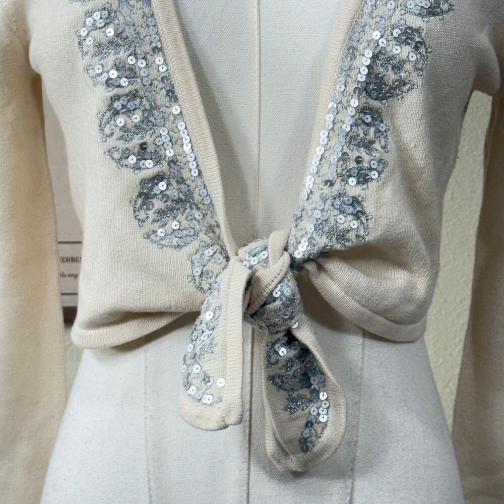 Y2k Silk Cashmere Embroidered Sequin Tie Front Cardigan Coquette Dolly Fairy S - Picture 5 of 9